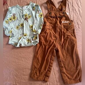 Carhartt Brown Overalls and Floral Onesie Set